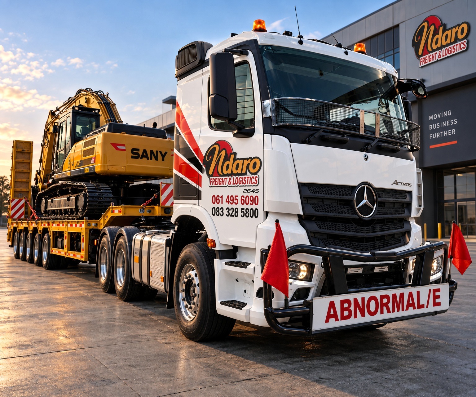 Ndaro Mercedes-Benz Actros 2645 on a 4-axle stepdeck with excavator